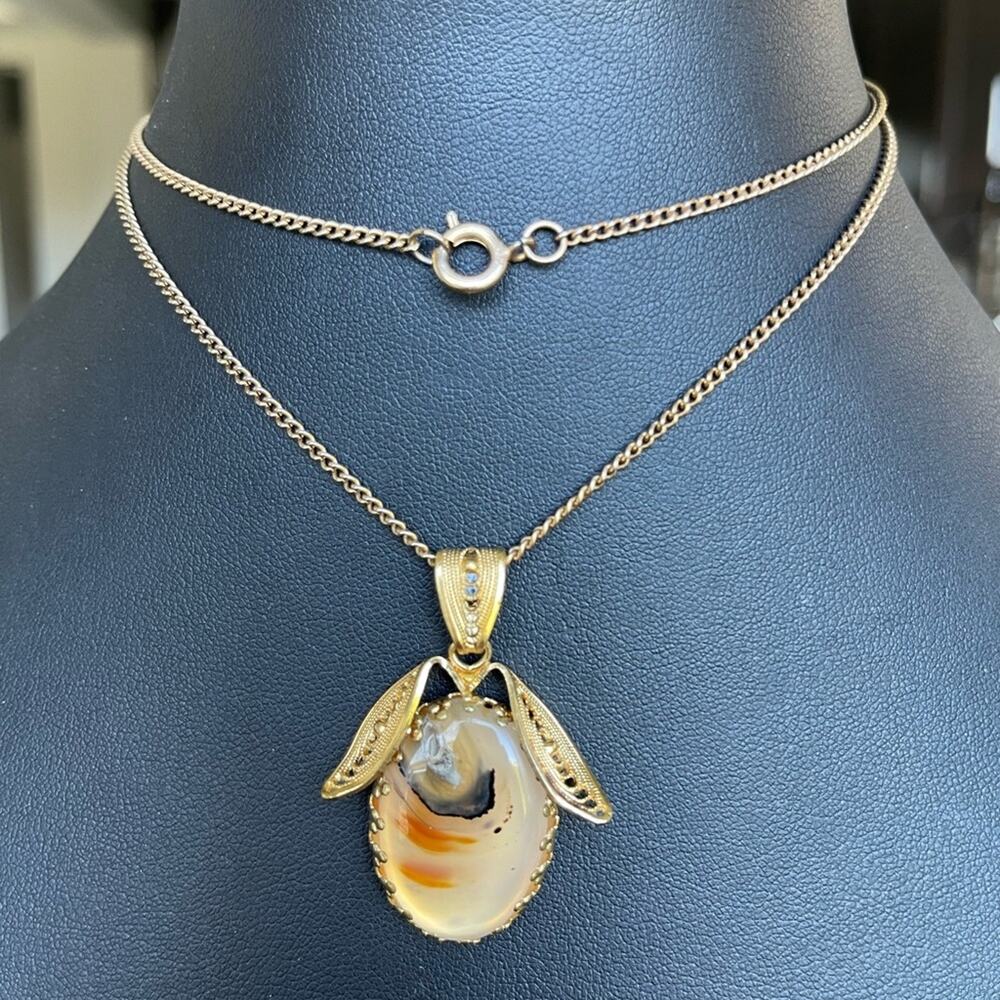 Vintage Montana Agate Pendant Necklace Gold Tone Filigree OOAK Unusual 24”L